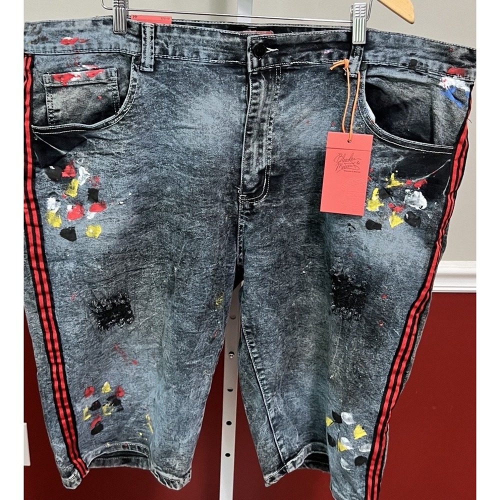 Bleecker & Mercer Jean Shorts Mens Destroyed Paint Splatter Hip Hop Grunge 44